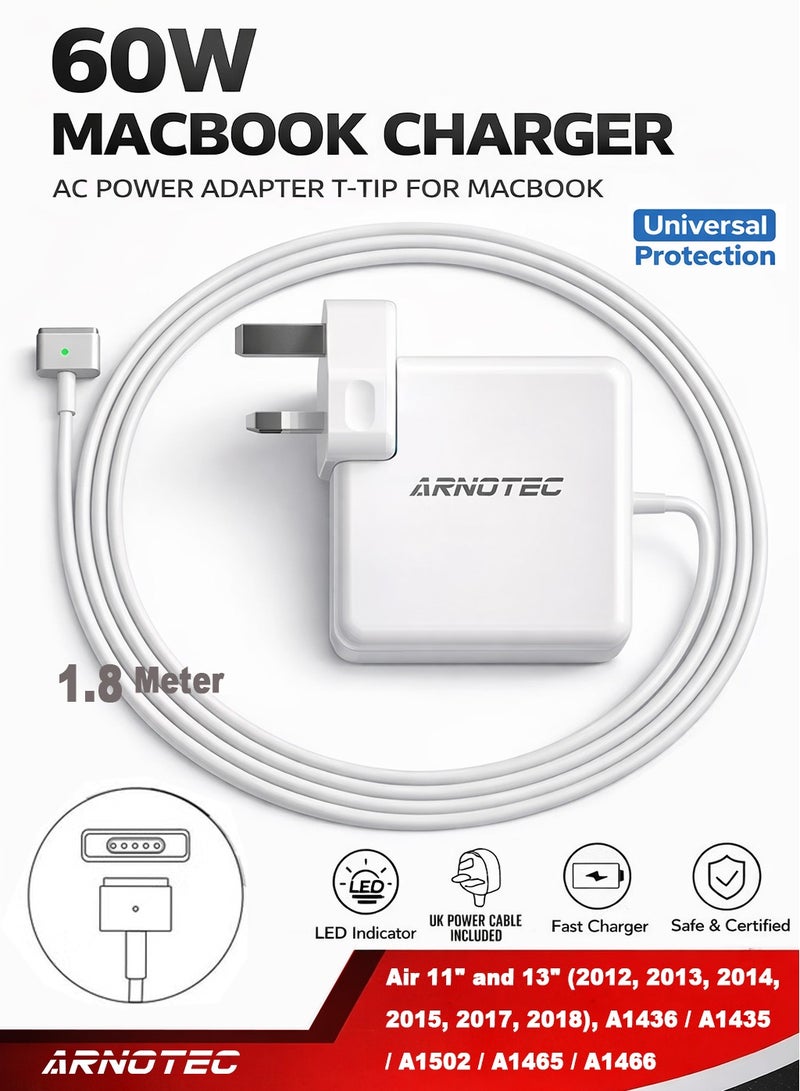 ARNOTEC 60W MagSafe 2 T-Tip Power Adapter Charger for MacBook Air 11″ & 13″ (2012–2018) and MacBook Pro Retina 13″ (2012–2015), 1.8m Cable, LED Indicator, UK Plug - Image 1